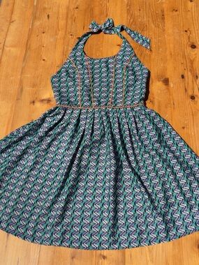 Halter-Neck Printed Fit & Flare Dress in Teal and Navy